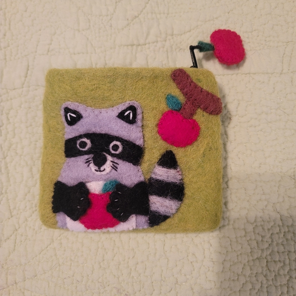 Cute Raccoon Wool Coin Pouch with Cherry Design